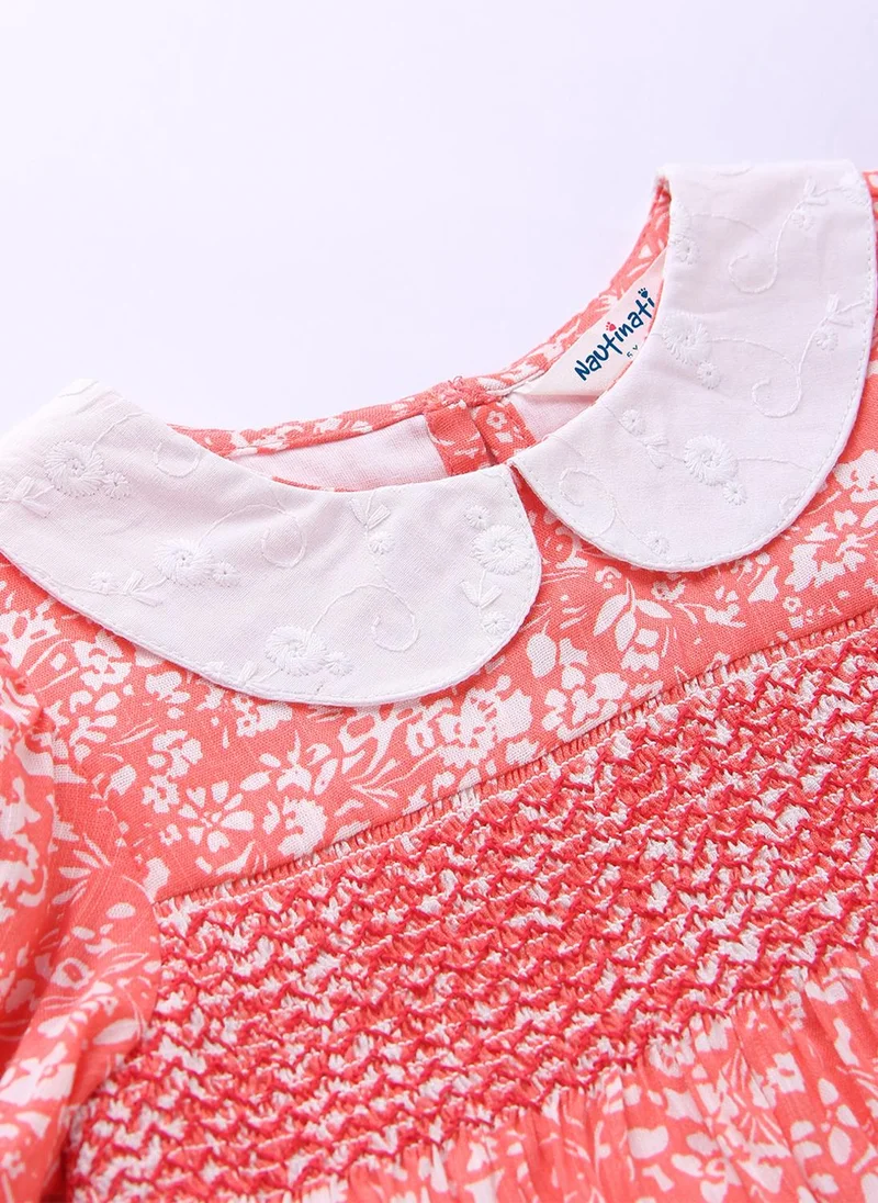 Nautinati  Girls' 100% Cotton All-over Floral Print Smocked Dress with Peter Pan Collar for Women | Best Price UAE